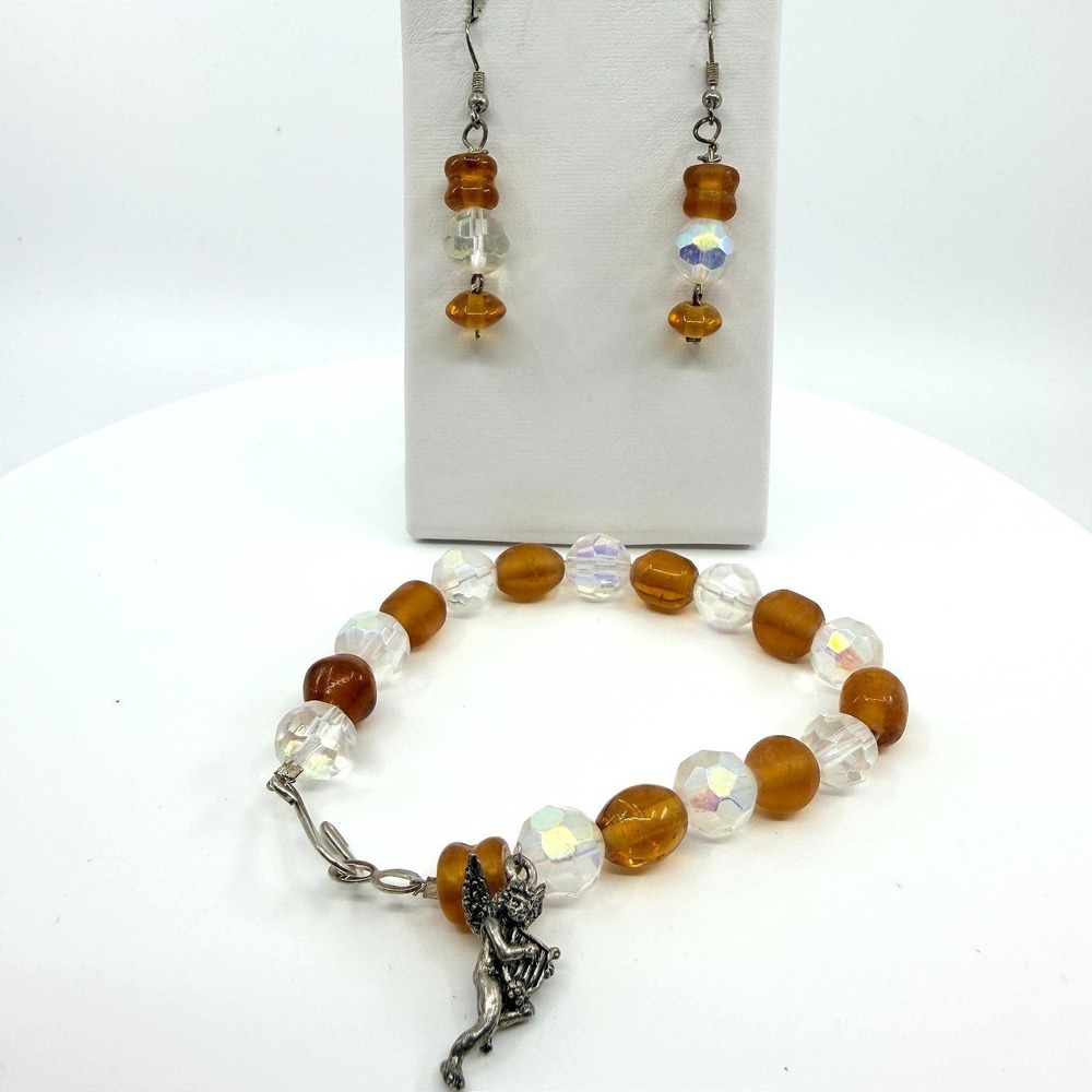 Vintage Amber Tone Iridescent Bead Angel Charm Bracelet Dangle Earrings Set Boho